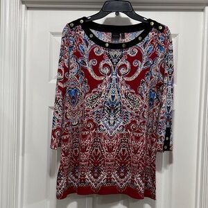 Rafaella Red and Blue Paisley Blouse with Gold Accent Buttons - Size Small